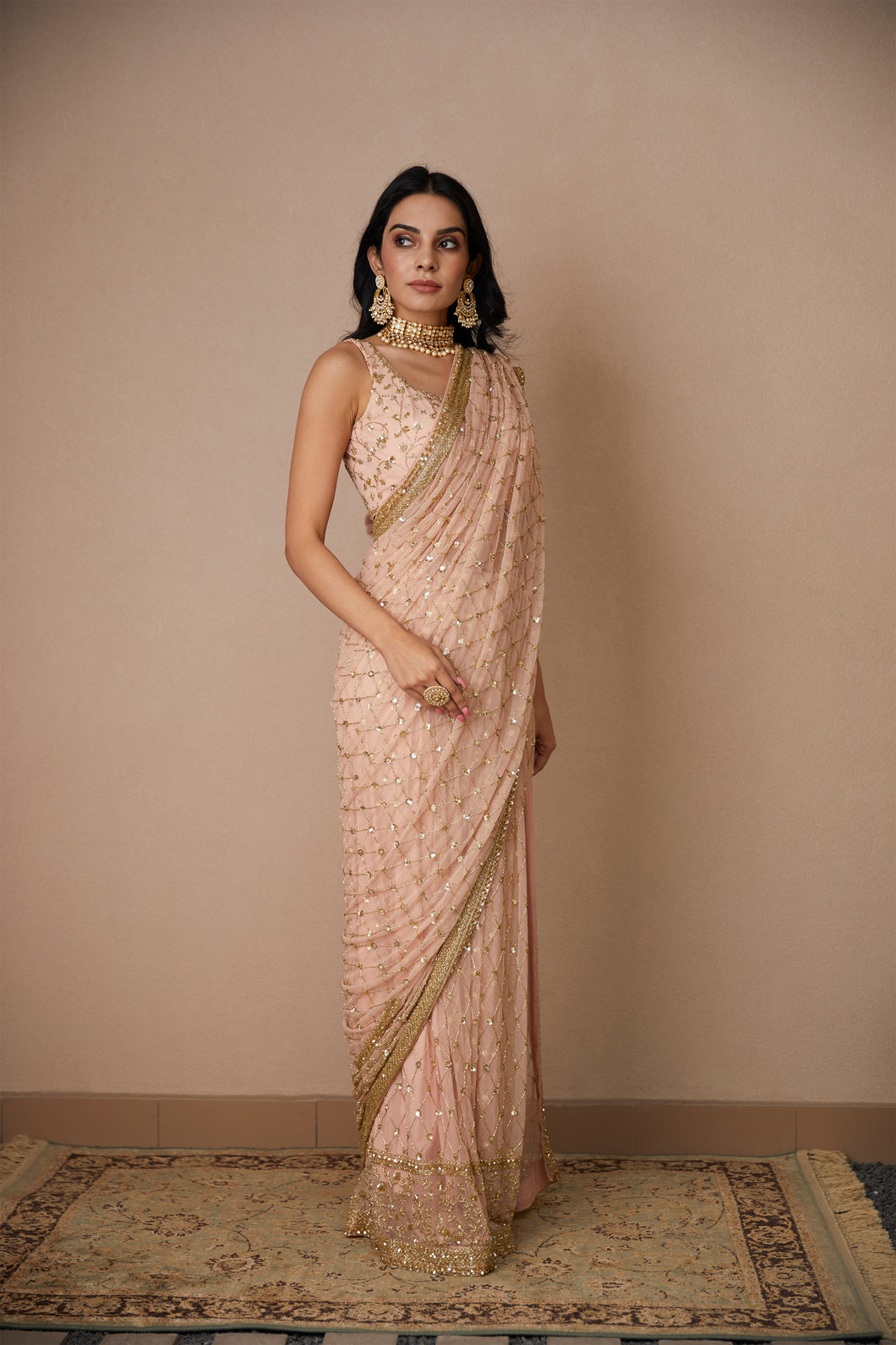 PINK JAAL WORK SAREE SET