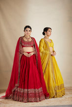 Load image into Gallery viewer, RED CHANDERI BORDER WORK LEHENGA SET
