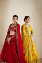 Load image into Gallery viewer, RED CHANDERI BORDER WORK LEHENGA SET
