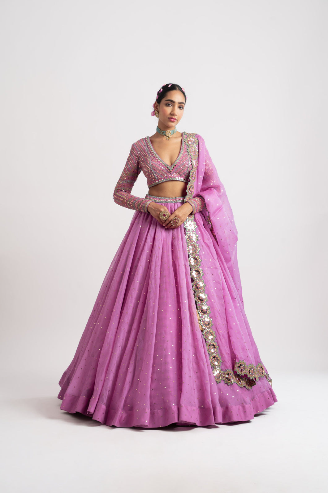 Dark Blush Silk Organza Lehenga Set