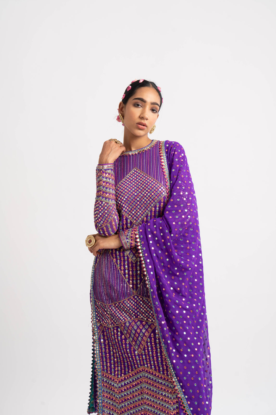 Purple Multi Embroidery Round Neck Kurta Set