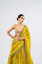 Load image into Gallery viewer, MOSS GREEN LINEAR DROP LEHENGA WITH METALLIC BLOUSE.
