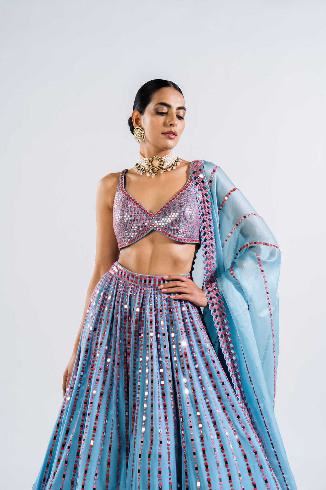 ICE BLUE MIRROR SEAM LEHENGA SET