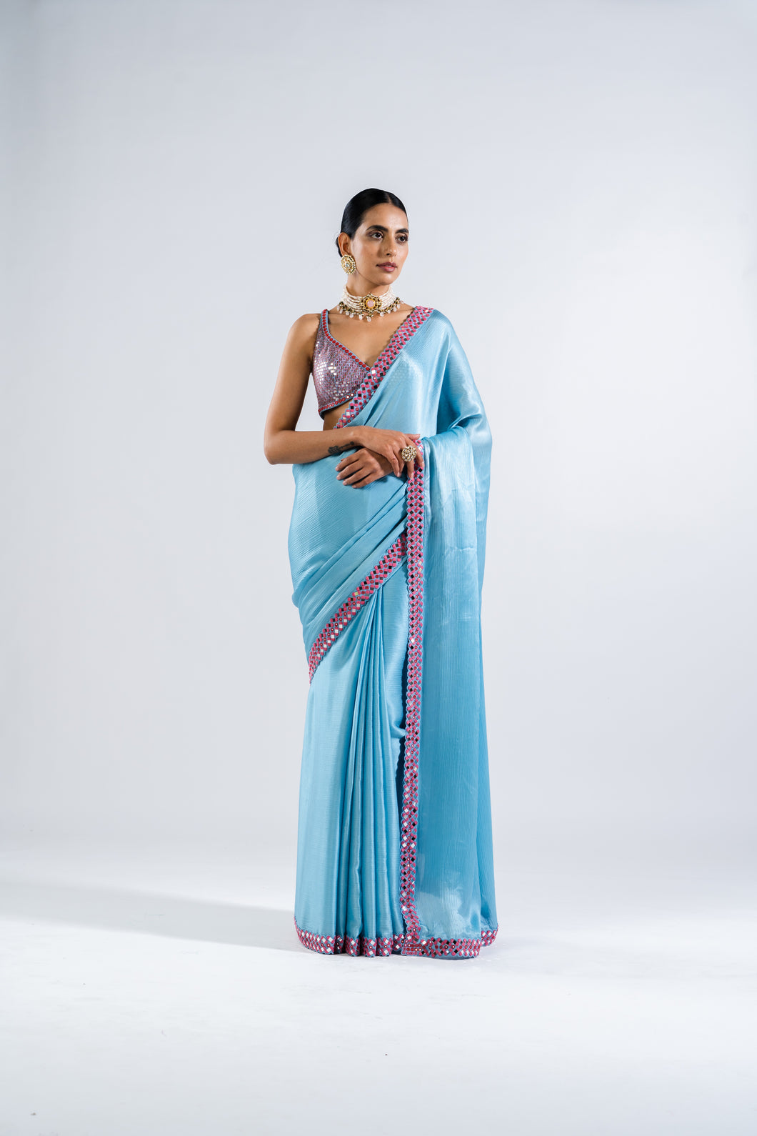 ICE BLUE SATIN CHIFFON SAREE SET