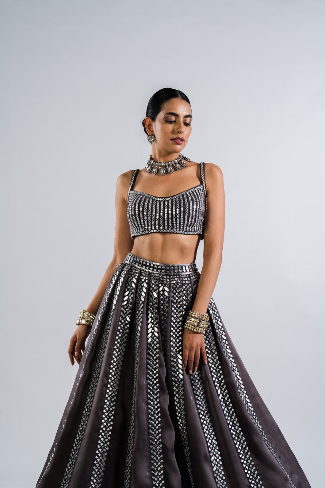 CHARCOAL GREY MIRROR SEAM LEHENGA SET.