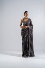 Load image into Gallery viewer, CHARCOAL GREY HEAVY MIRROR WORK SAREE WITH METALLIC BLOUSE
