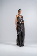 Load image into Gallery viewer, CHARCOAL GREY HEAVY MIRROR WORK SAREE WITH METALLIC BLOUSE
