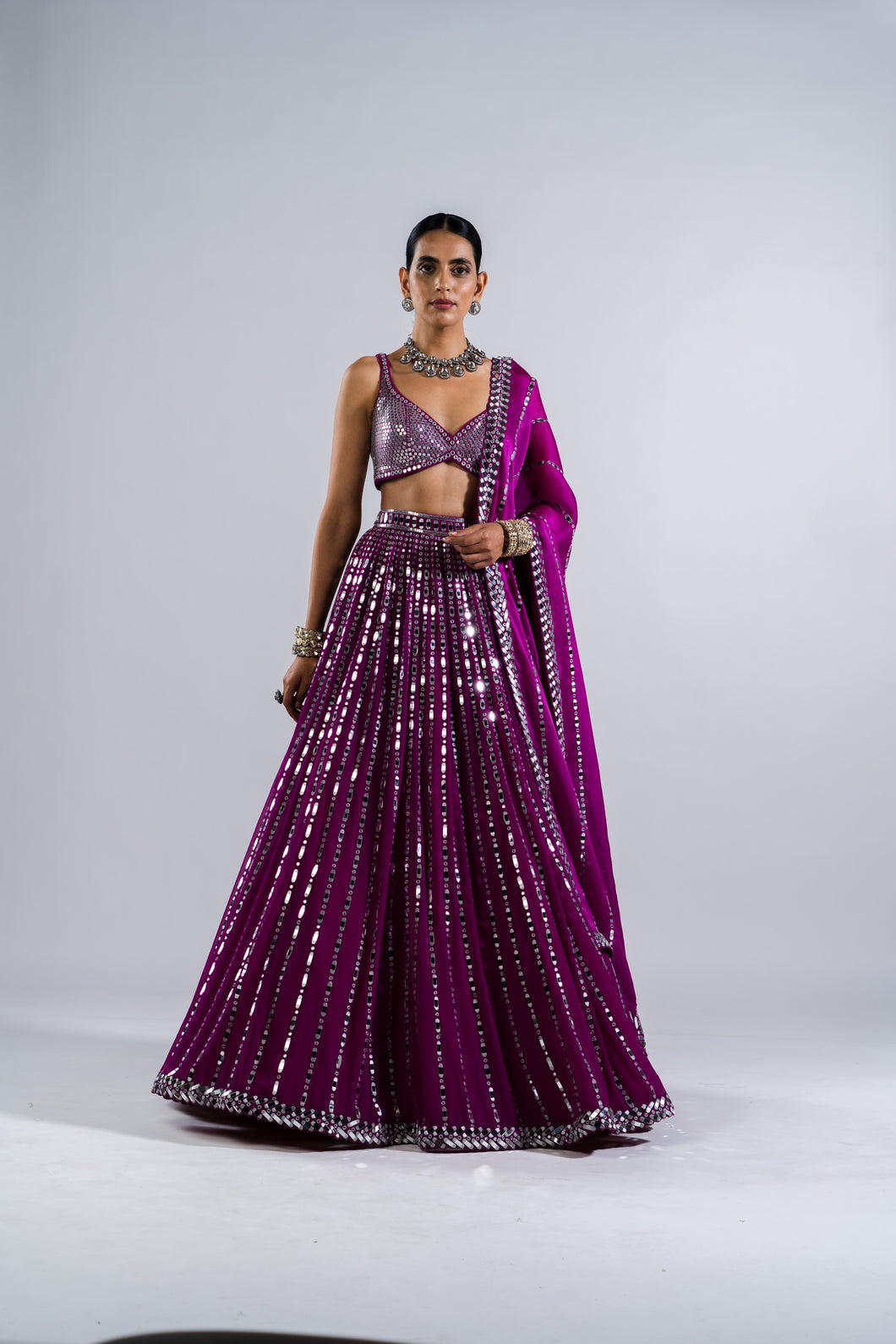 POP WINE LINEAR DROP LEHENGA WITH METALLIC BLOUSE