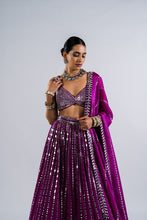 Load image into Gallery viewer, POP WINE LINEAR DROP LEHENGA WITH METALLIC BLOUSE
