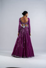 Load image into Gallery viewer, POP WINE LINEAR DROP LEHENGA WITH METALLIC BLOUSE
