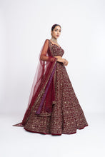 Load image into Gallery viewer, Maroon fully embroidered corset lehnga set
