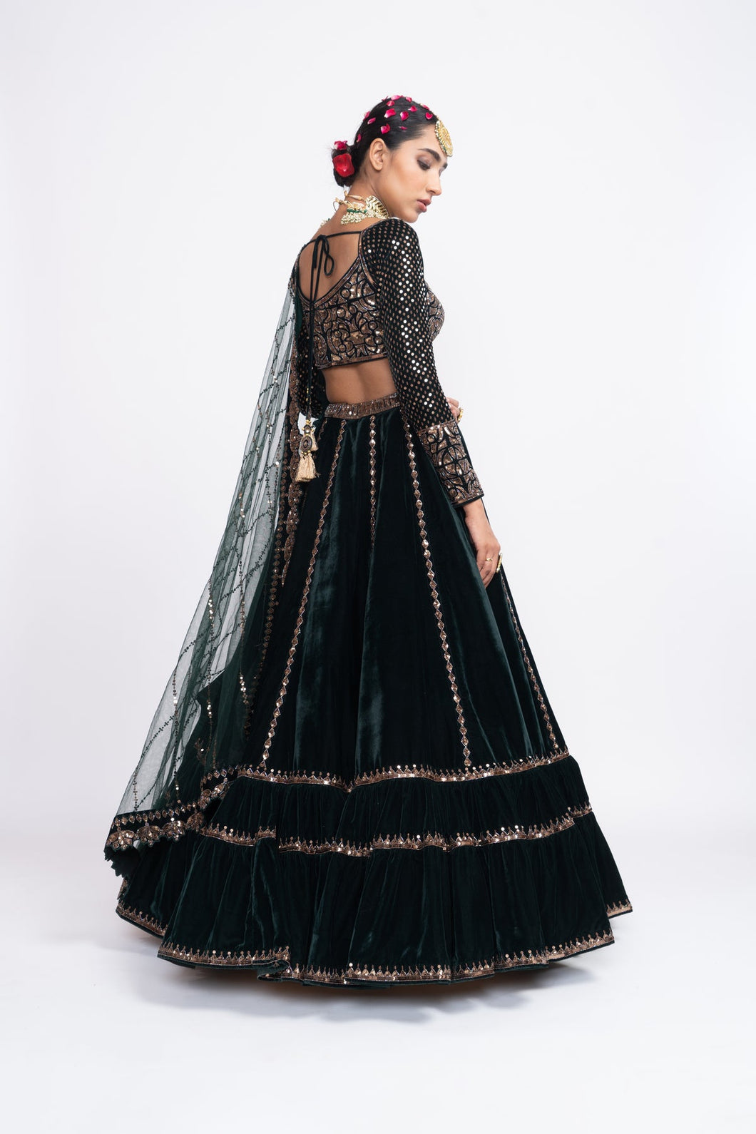 Deep green double tier lehnga set