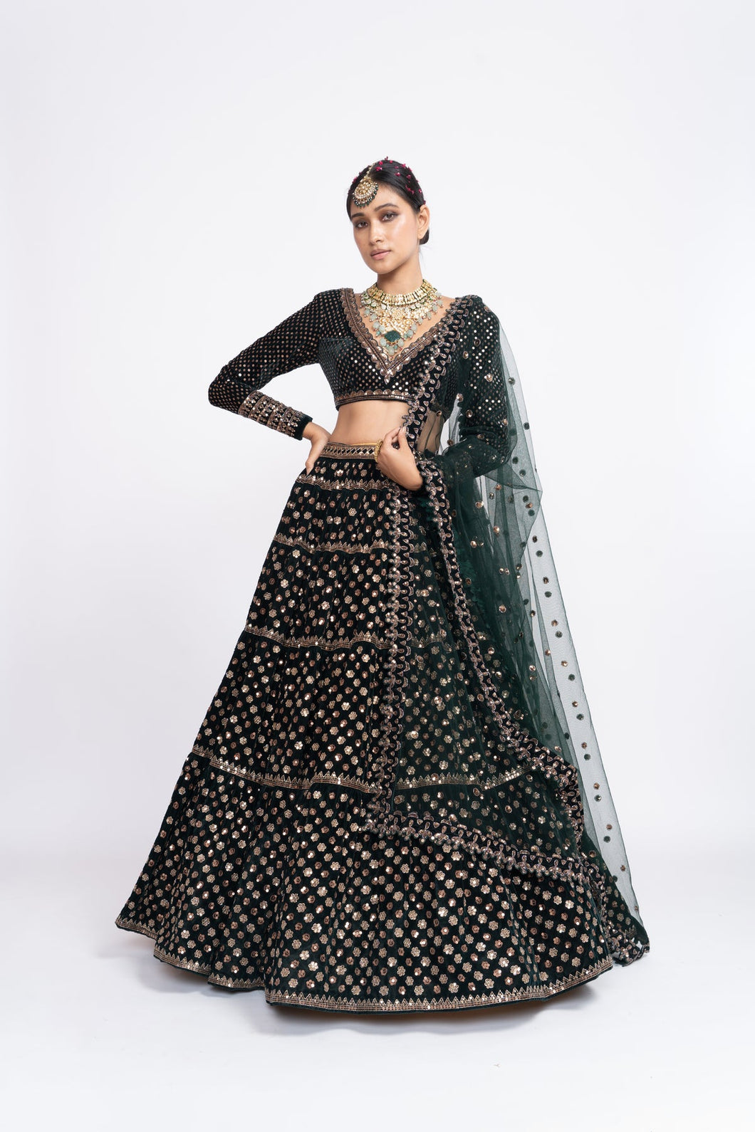 Deep green floral lehenga set