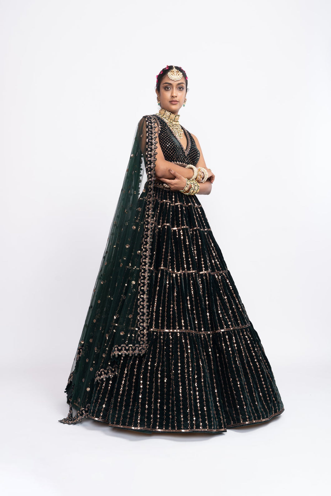 Deep green full tier lehnga set